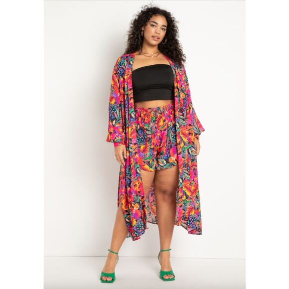 Eloquii Sweaters - Eloquii Floral Print Puff Sleeve Duster Kimono Cover Up 18/20